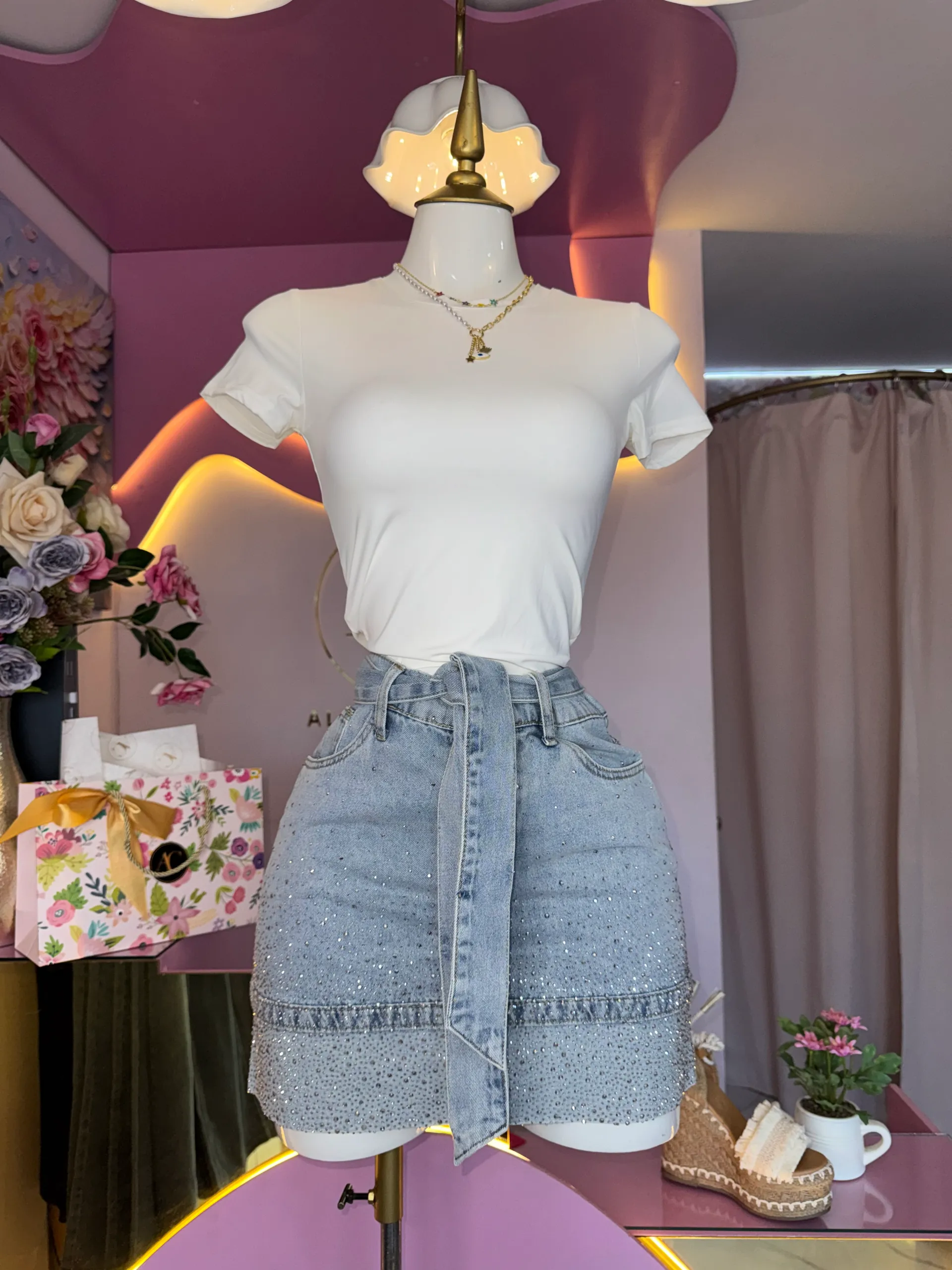 Falda denim pedrería 