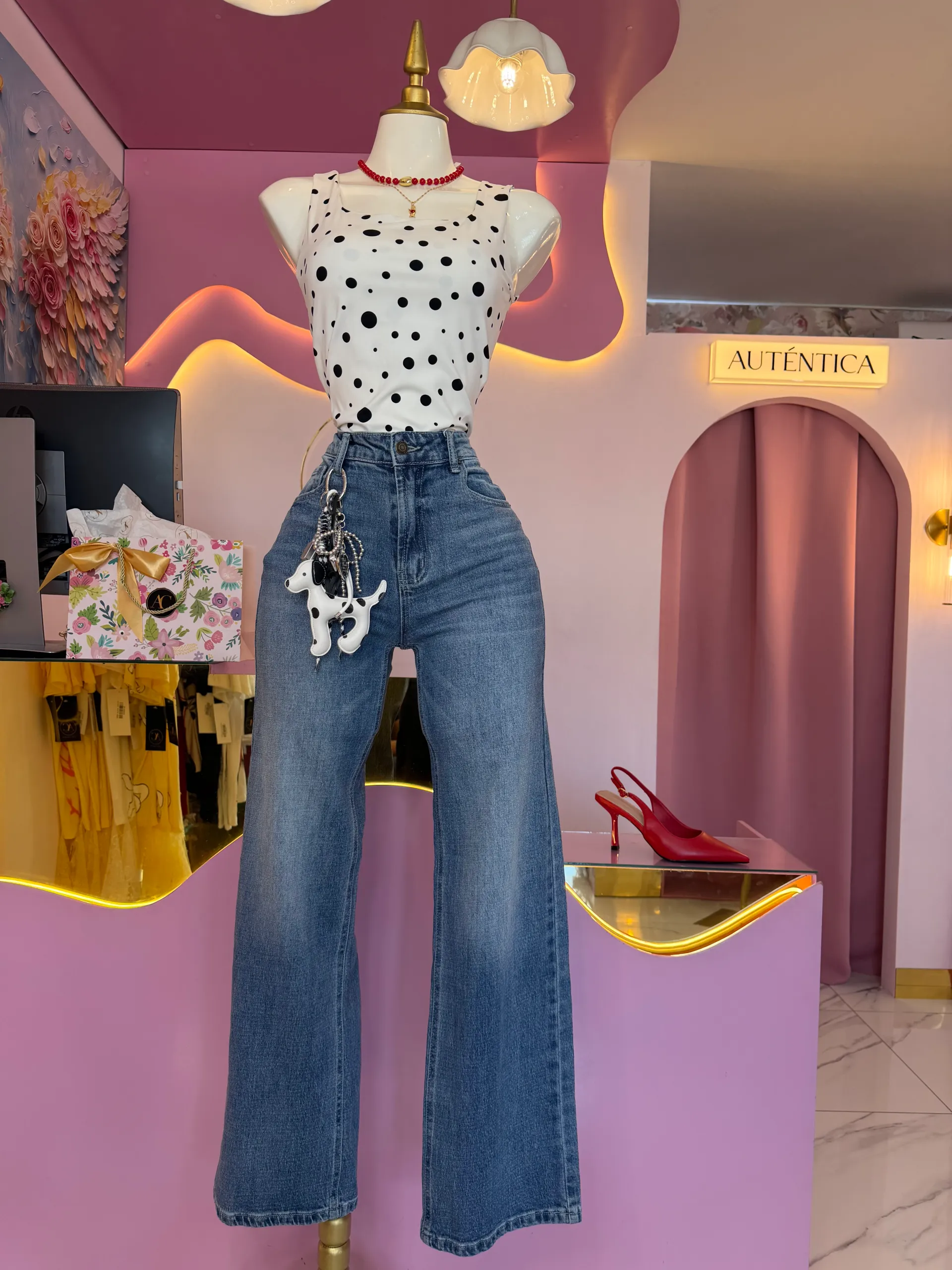 Pantalón denim llavero polka
