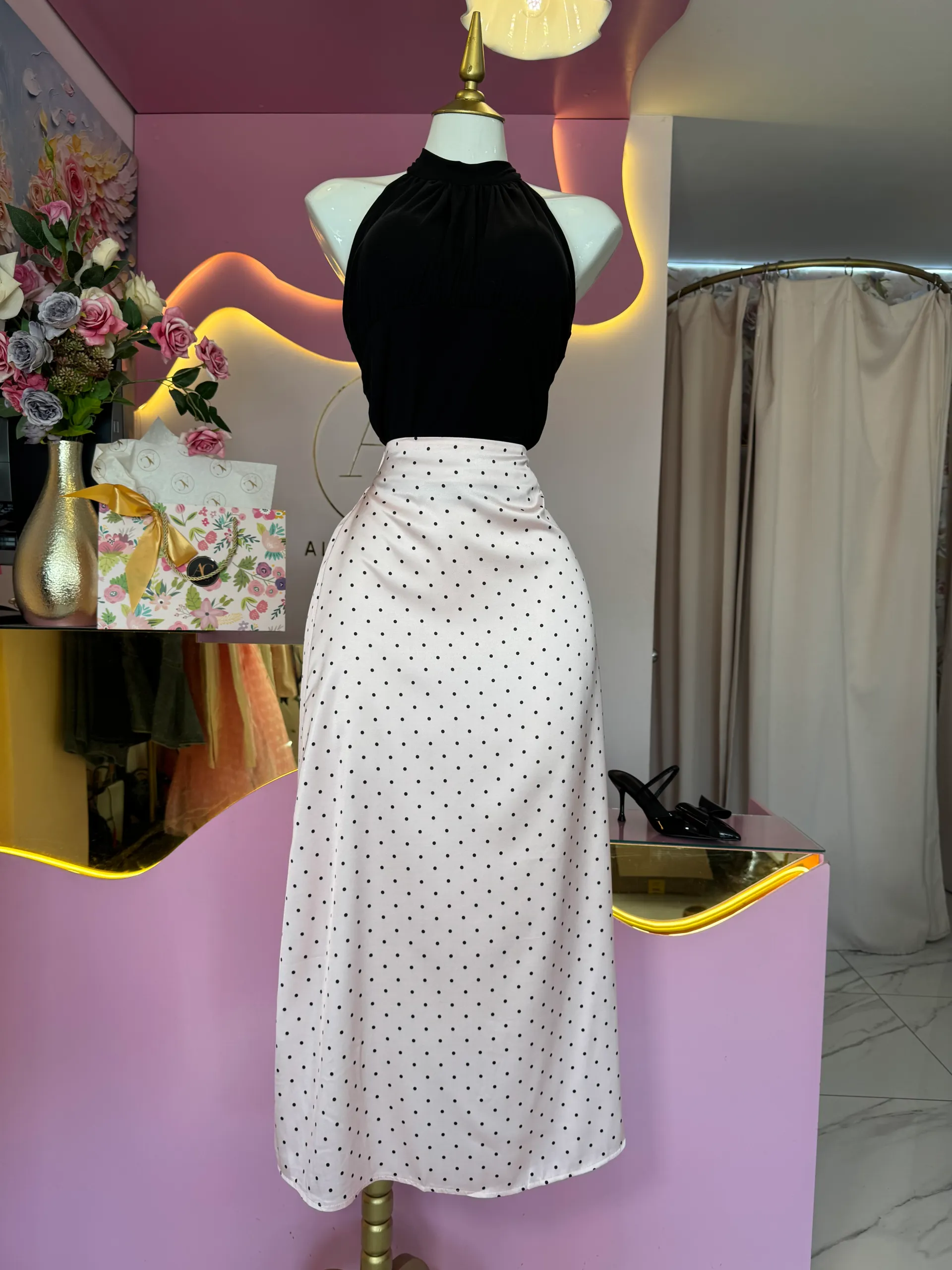 Falda polka satinada